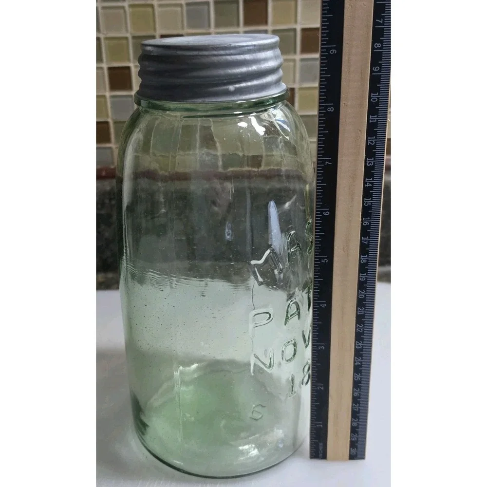 Mason's Patent Nov. 30th 1858 Light Green Fruit Jam Jar With Ball Lid 9.25